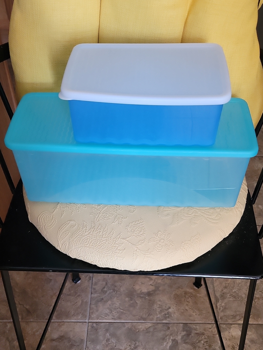 Two Stackable Blue Food Storage Containers with White and Blue Lid